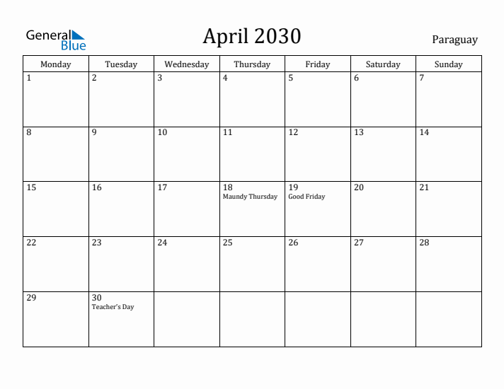 April 2030 Calendar Paraguay