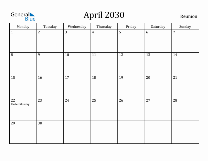 April 2030 Calendar Reunion