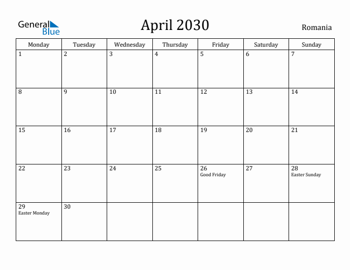 April 2030 Calendar Romania