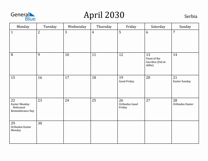 April 2030 Calendar Serbia