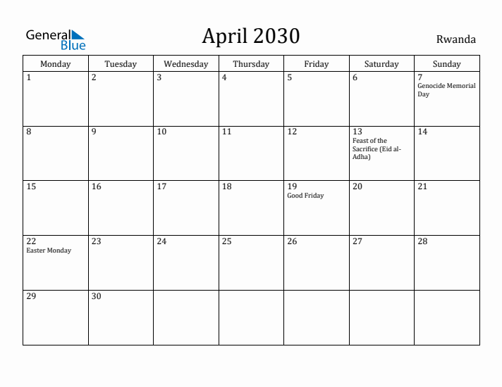 April 2030 Calendar Rwanda