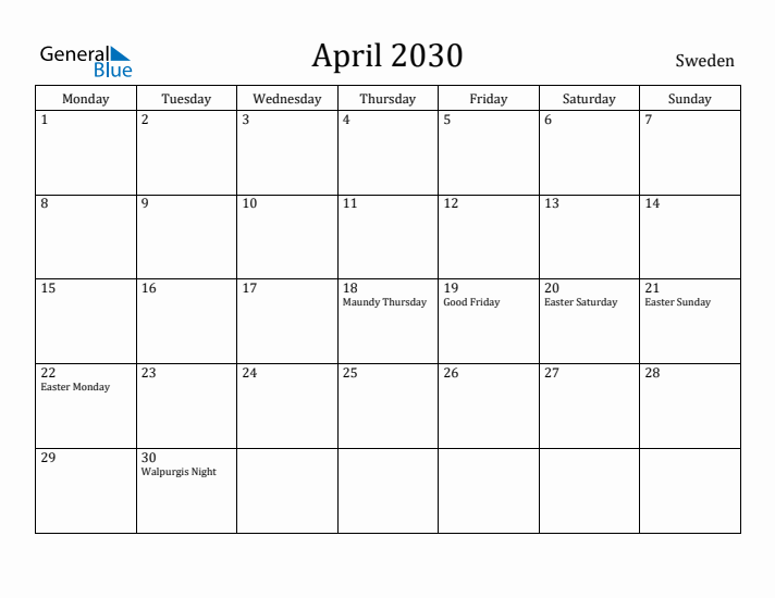 April 2030 Calendar Sweden