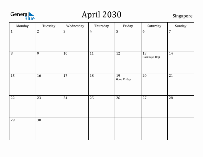 April 2030 Calendar Singapore