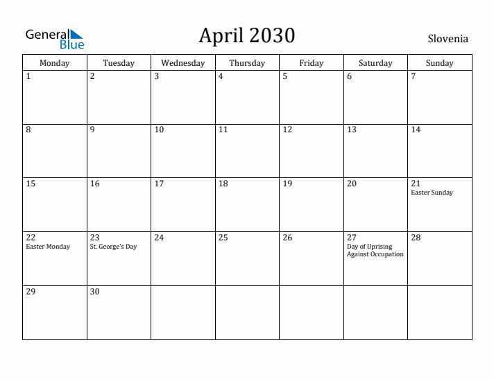 April 2030 Calendar Slovenia