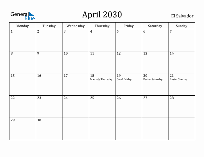 April 2030 Calendar El Salvador