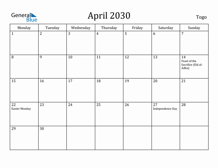 April 2030 Calendar Togo
