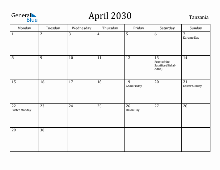 April 2030 Calendar Tanzania