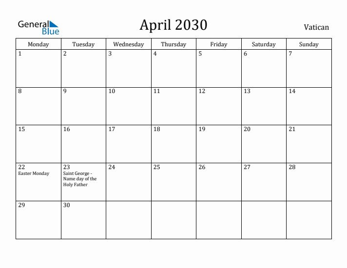 April 2030 Calendar Vatican
