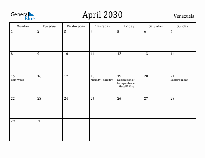 April 2030 Calendar Venezuela