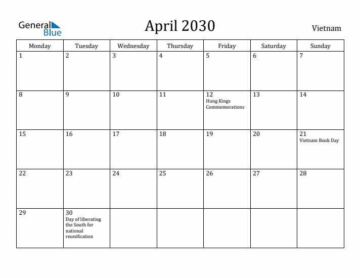April 2030 Calendar Vietnam