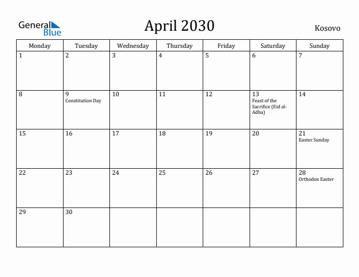 April 2030 Calendar Kosovo