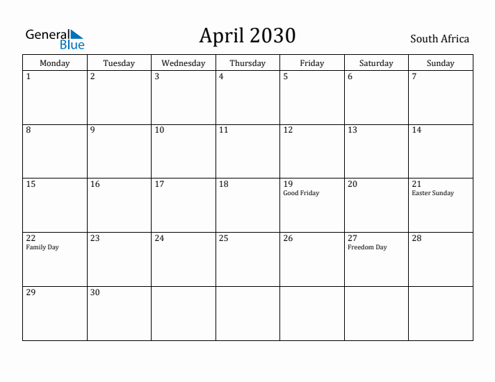 April 2030 Calendar South Africa