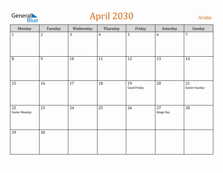 April 2030 Holiday Calendar with Monday Start