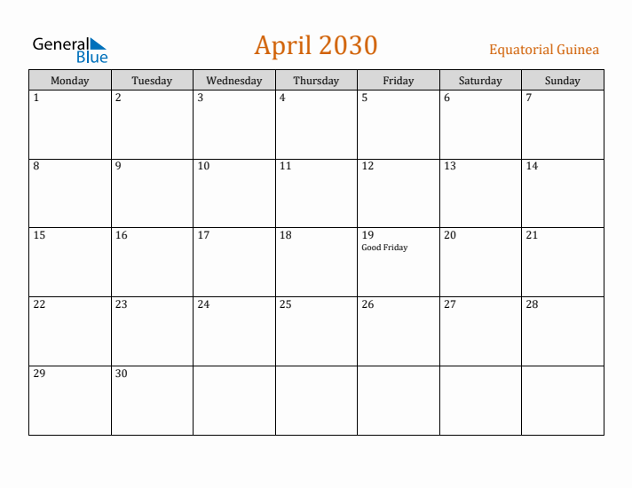 April 2030 Holiday Calendar with Monday Start