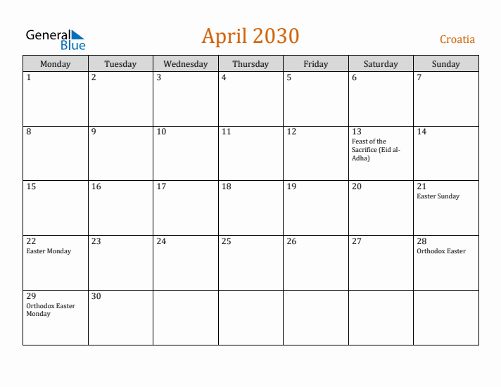 April 2030 Holiday Calendar with Monday Start