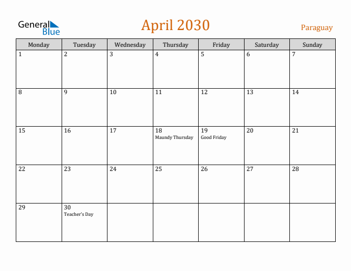 April 2030 Holiday Calendar with Monday Start