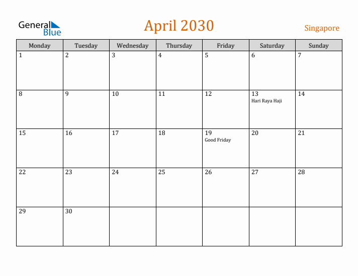April 2030 Holiday Calendar with Monday Start