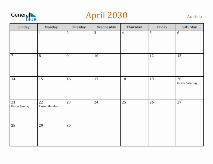 April 2030 Holiday Calendar with Sunday Start