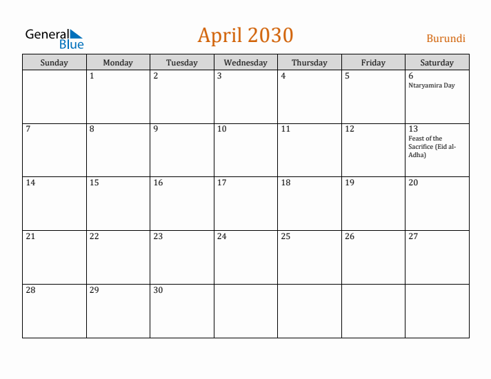 April 2030 Holiday Calendar with Sunday Start