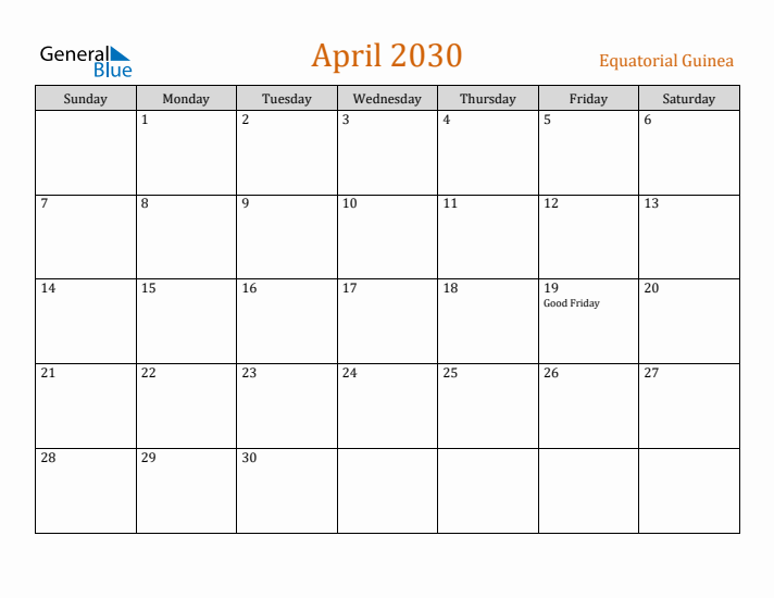 April 2030 Holiday Calendar with Sunday Start