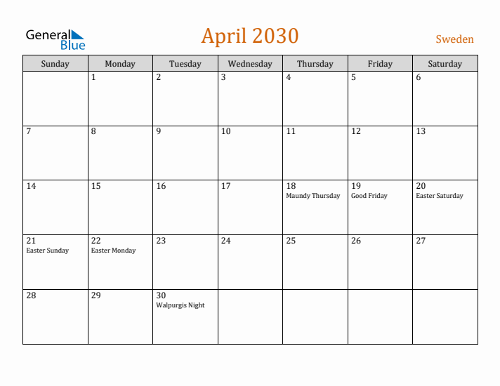 April 2030 Holiday Calendar with Sunday Start