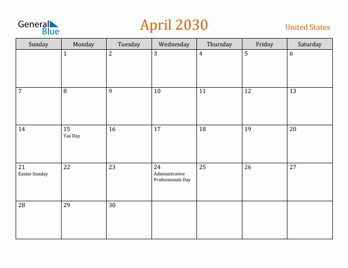 April 2030 Holiday Calendar with Sunday Start