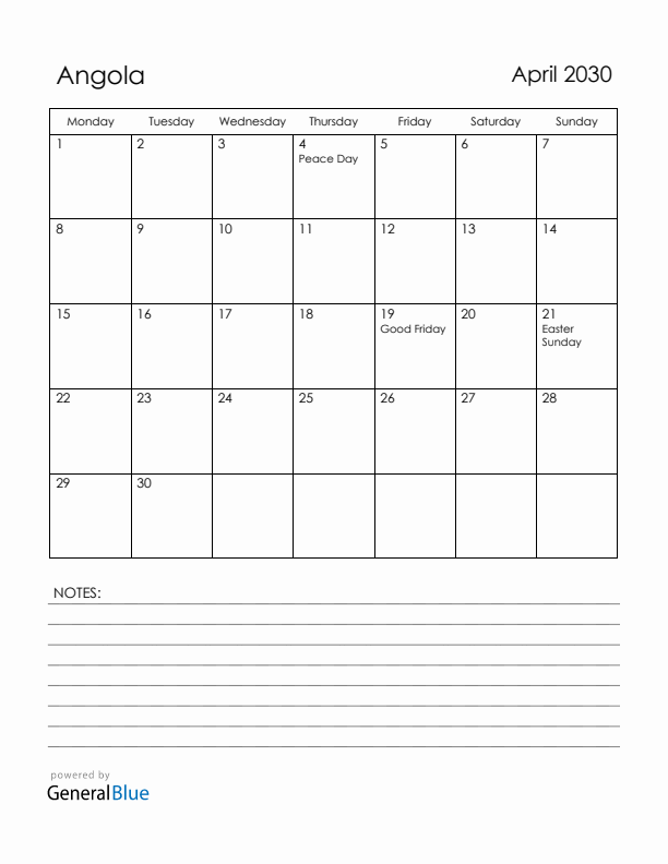 April 2030 Angola Calendar with Holidays (Monday Start)