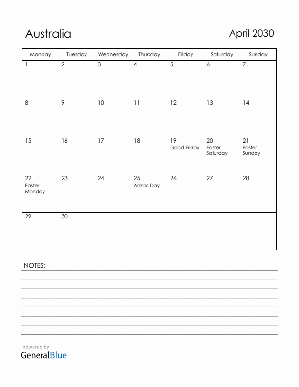 April 2030 Australia Calendar with Holidays (Monday Start)