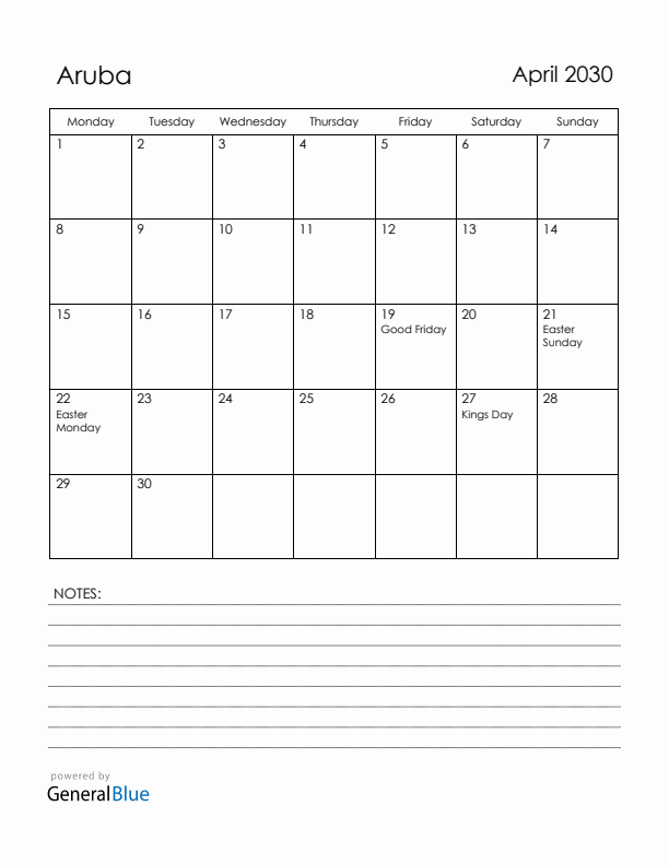 April 2030 Aruba Calendar with Holidays (Monday Start)