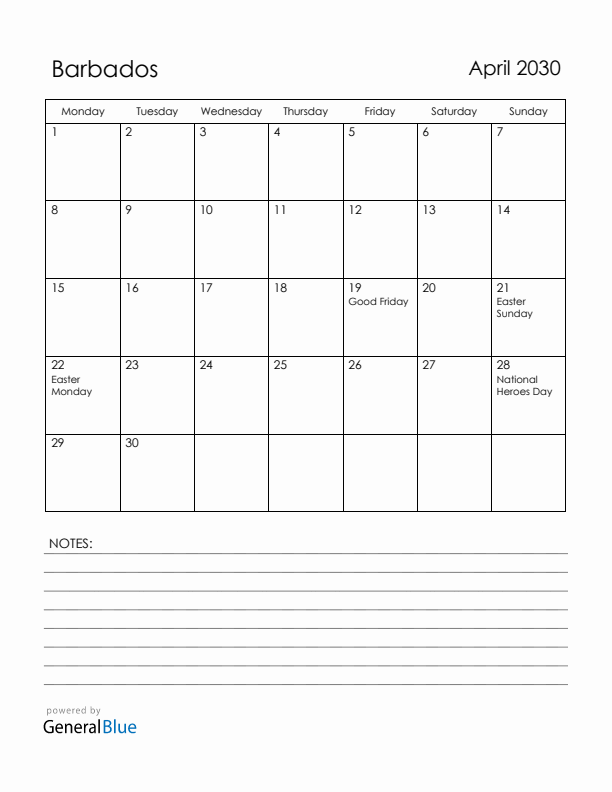 April 2030 Barbados Calendar with Holidays (Monday Start)