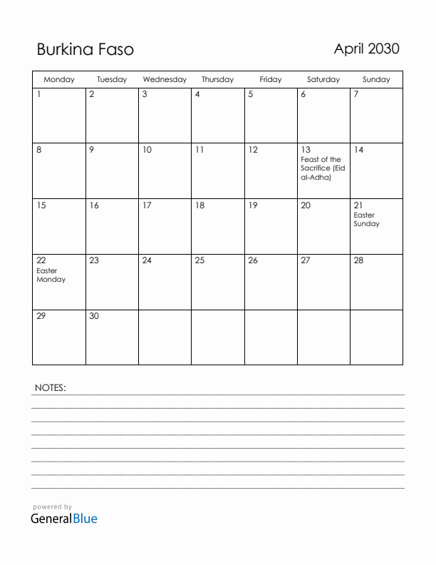 April 2030 Burkina Faso Calendar with Holidays (Monday Start)