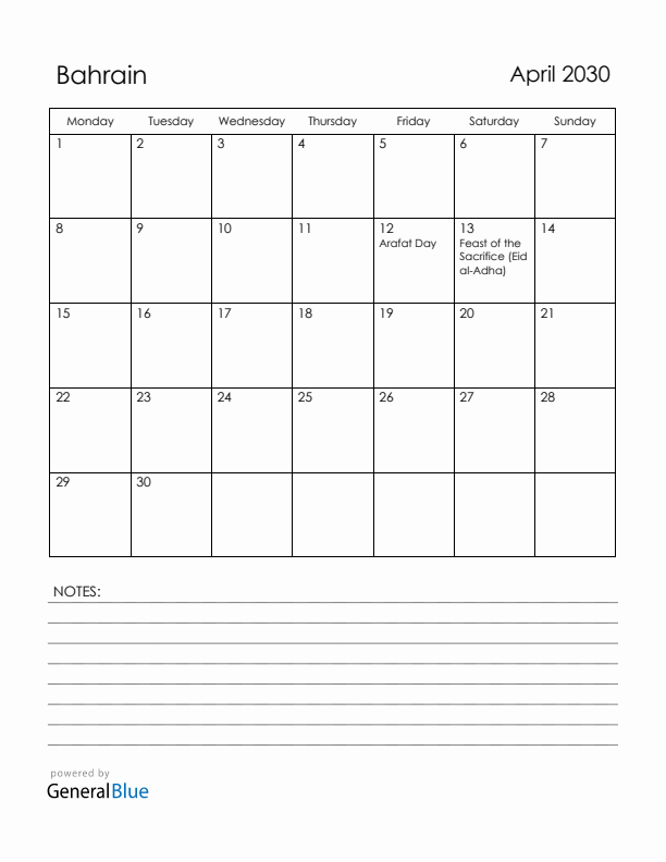 April 2030 Bahrain Calendar with Holidays (Monday Start)