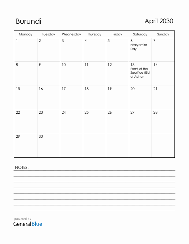 April 2030 Burundi Calendar with Holidays (Monday Start)