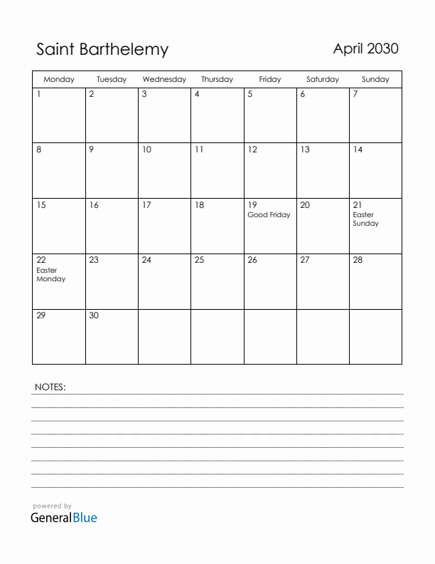 April 2030 Saint Barthelemy Calendar with Holidays (Monday Start)