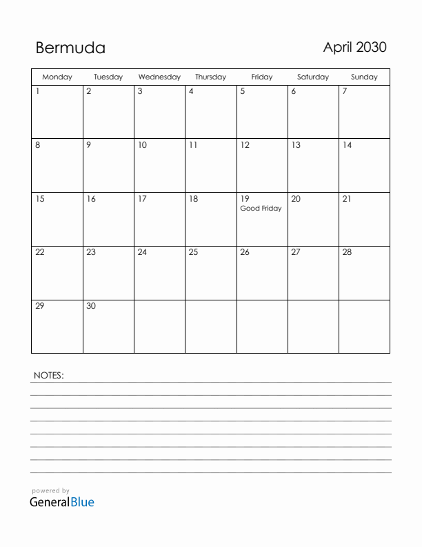 April 2030 Bermuda Calendar with Holidays (Monday Start)