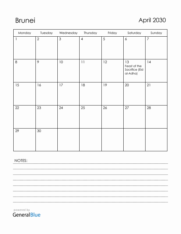 April 2030 Brunei Calendar with Holidays (Monday Start)
