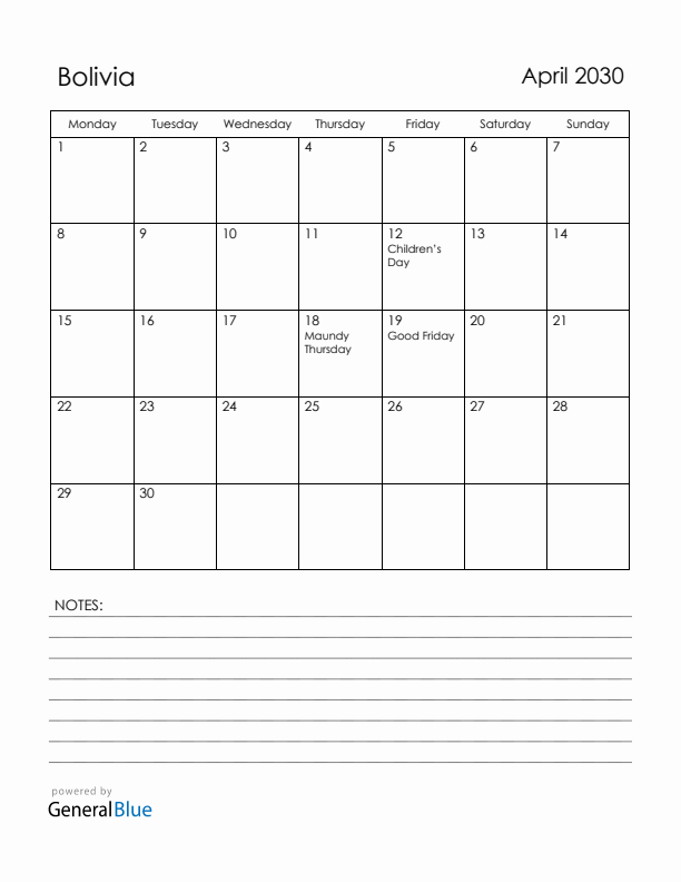 April 2030 Bolivia Calendar with Holidays (Monday Start)