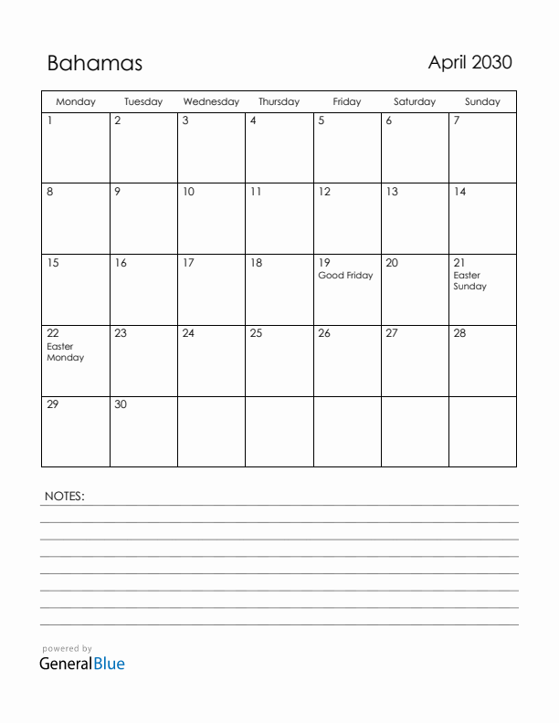 April 2030 Bahamas Calendar with Holidays (Monday Start)