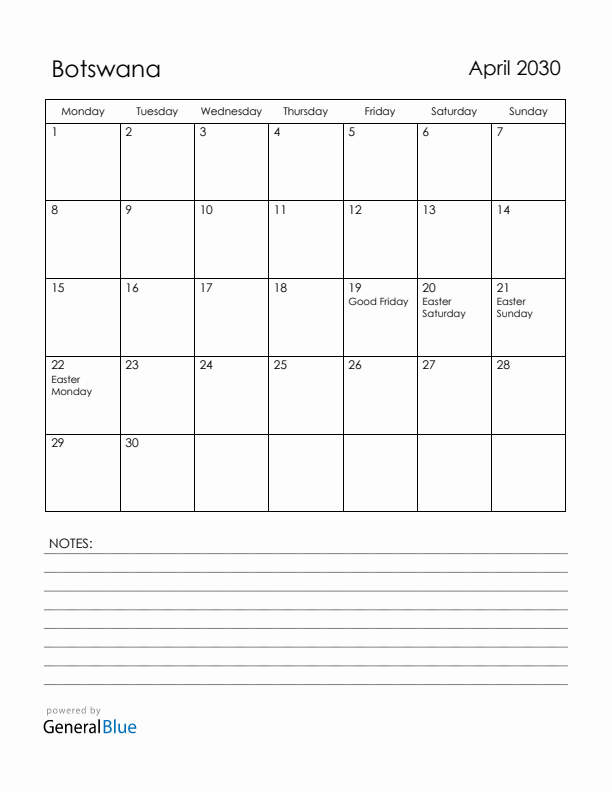 April 2030 Botswana Calendar with Holidays (Monday Start)