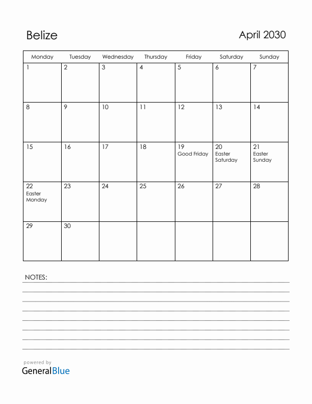 April 2030 Belize Calendar with Holidays (Monday Start)