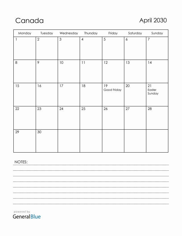 April 2030 Canada Calendar with Holidays (Monday Start)