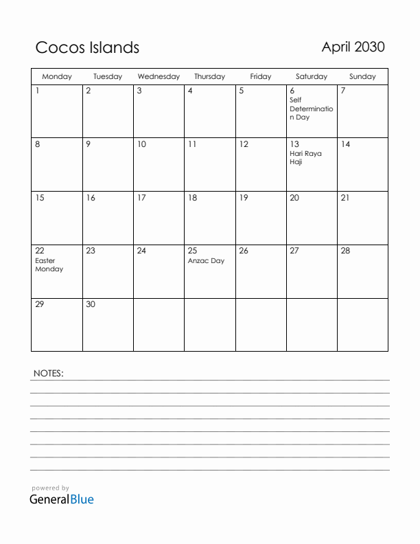 April 2030 Cocos Islands Calendar with Holidays (Monday Start)