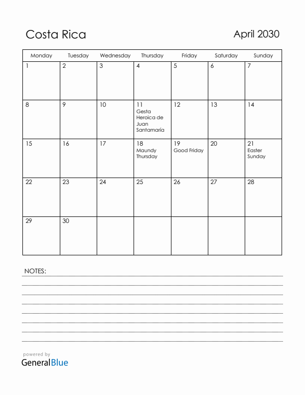 April 2030 Costa Rica Calendar with Holidays (Monday Start)