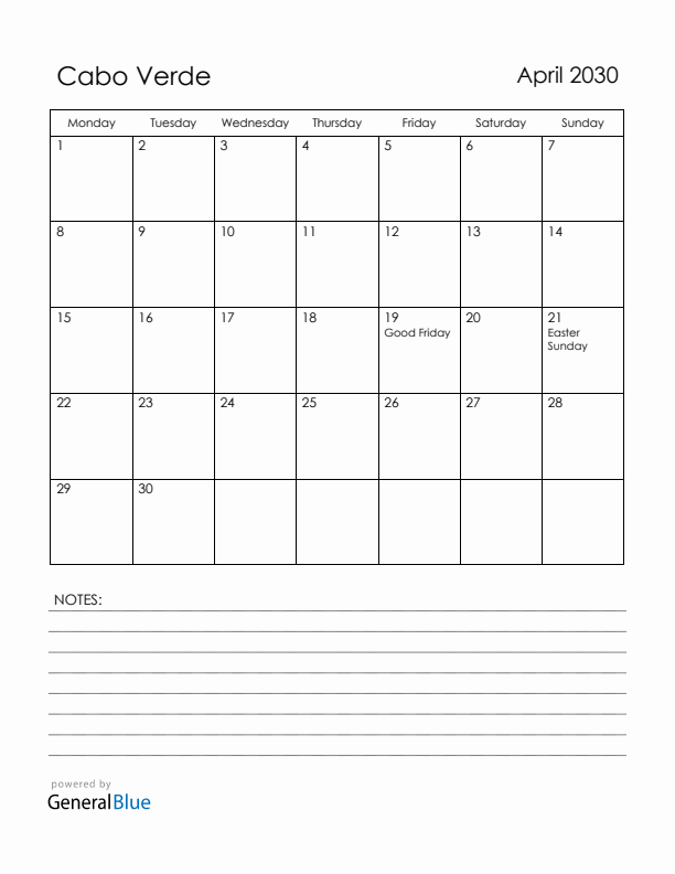 April 2030 Cabo Verde Calendar with Holidays (Monday Start)