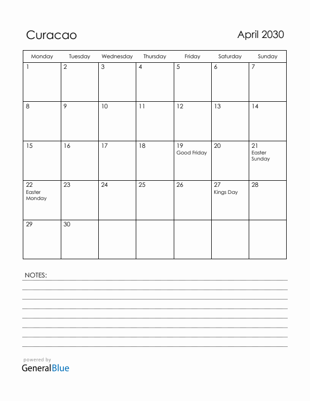 April 2030 Curacao Calendar with Holidays (Monday Start)