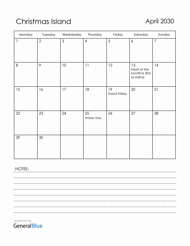 April 2030 Christmas Island Calendar with Holidays (Monday Start)