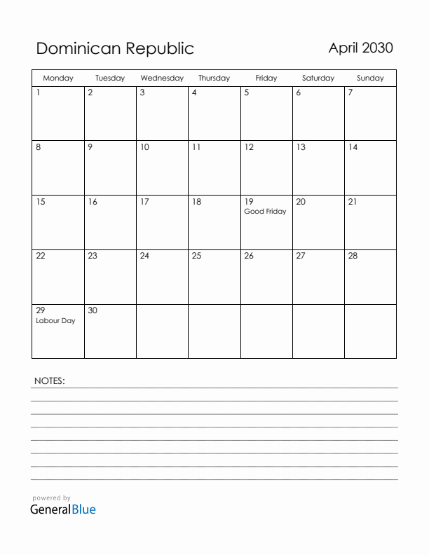 April 2030 Dominican Republic Calendar with Holidays (Monday Start)