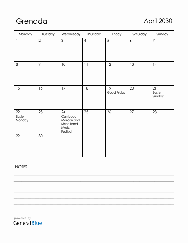 April 2030 Grenada Calendar with Holidays (Monday Start)