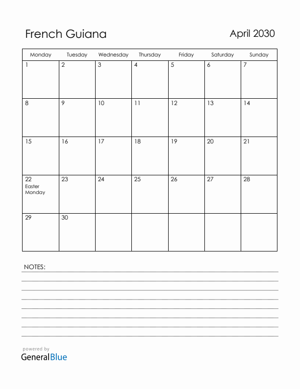 April 2030 French Guiana Calendar with Holidays (Monday Start)
