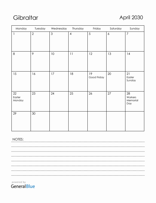 April 2030 Gibraltar Calendar with Holidays (Monday Start)